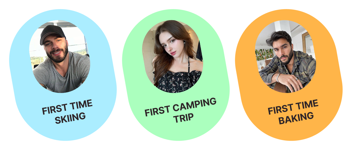 People trying skiing, camping, and baking for the first time